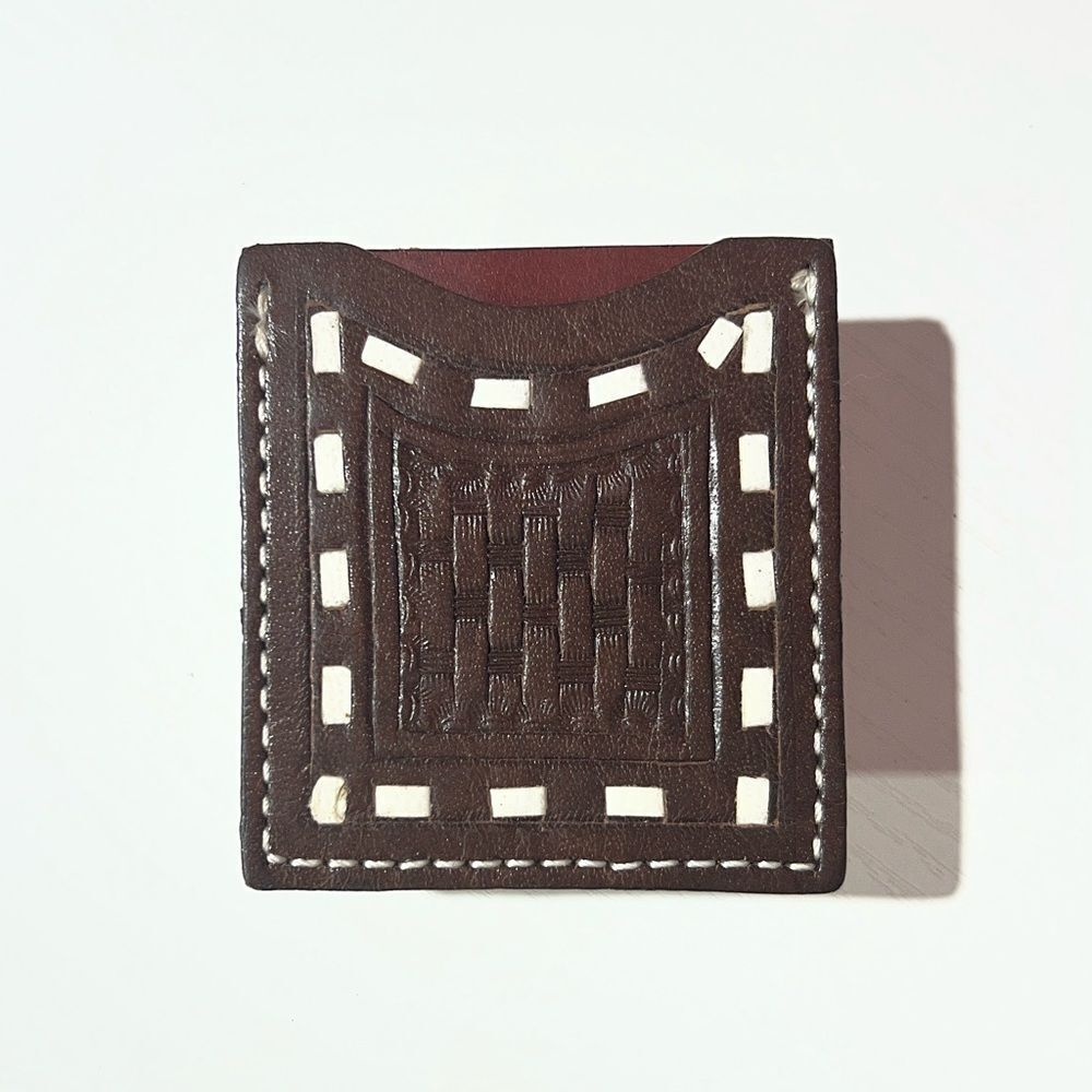 Stick On Card Wallet for Phone or Boots tooled leather dark oil white whipstitch